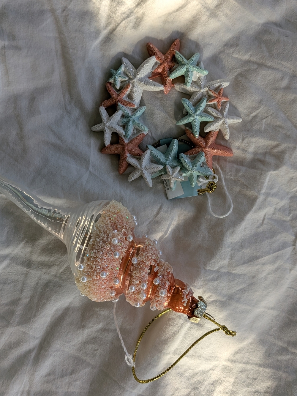 Coastal Starfish & Pearl Glass Holiday Ornament Set - Coral, Aqua, White